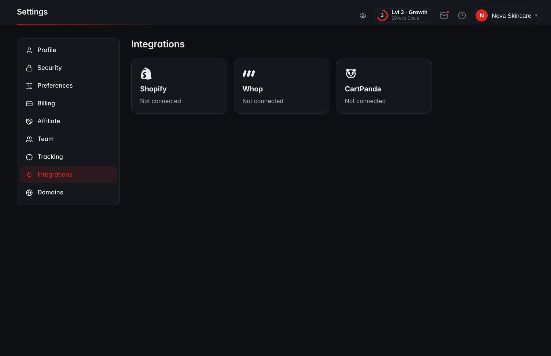 Settings, Integrations in RevvyScales: tiles for Shopify, Whop and CartPanda, each marked Not connected