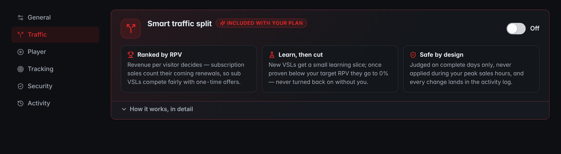 Smart traffic split in a RevvyScales folder's traffic settings: an on/off switch and three cards, Ranked by RPV, Learn then cut, and Safe by design
