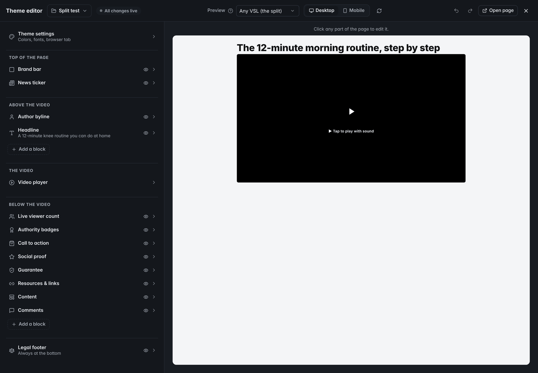 The theme editor in RevvyScales: the blocks of a VSL page listed on the left, grouped as top of the page, above the video, the video, below the video and the legal footer, with a live preview of the page on the right