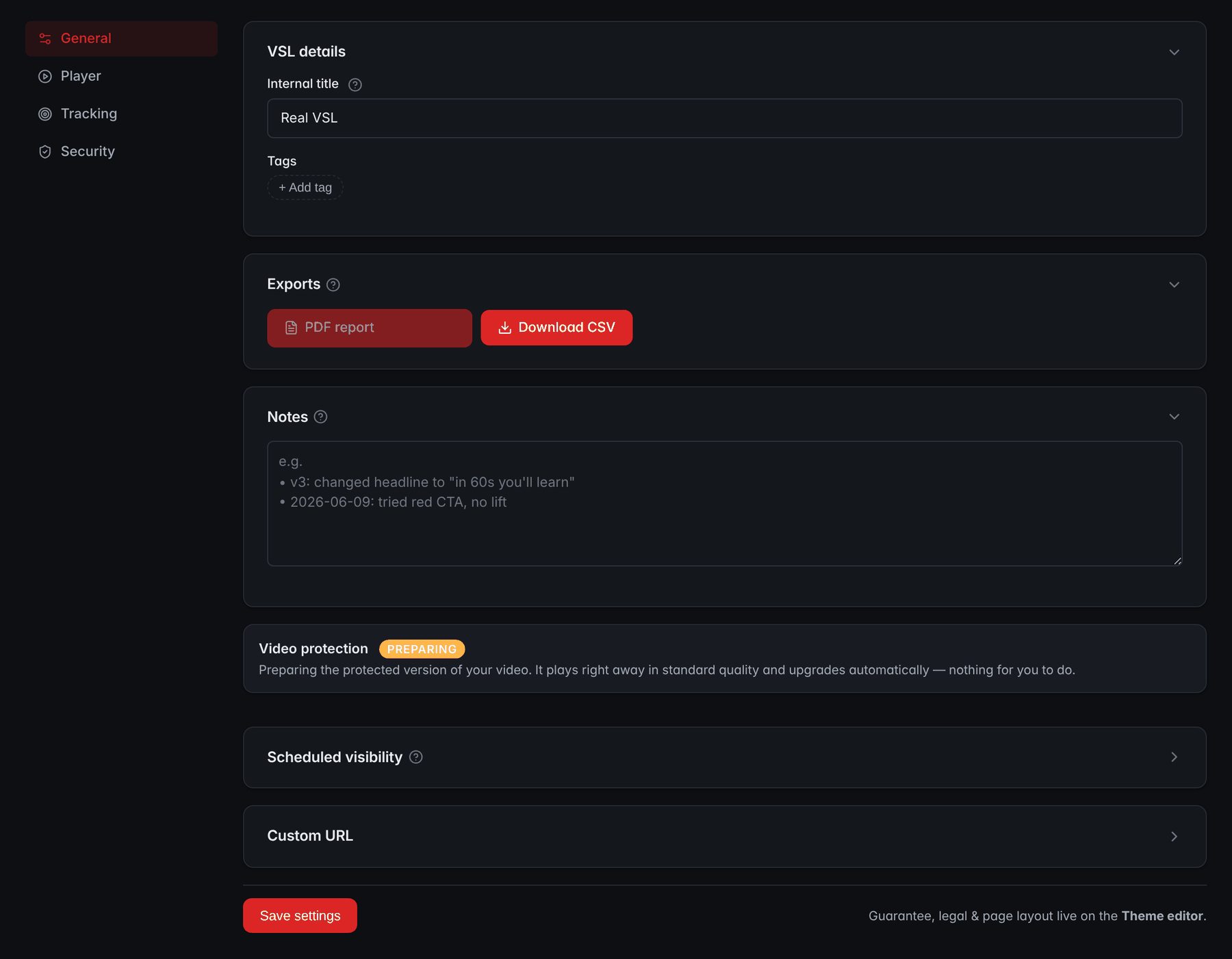 A VSL's Settings tab in RevvyScales: VSL details, exports and notes, a video protection card that says the protected version is still being prepared, and the scheduled visibility and custom URL sections